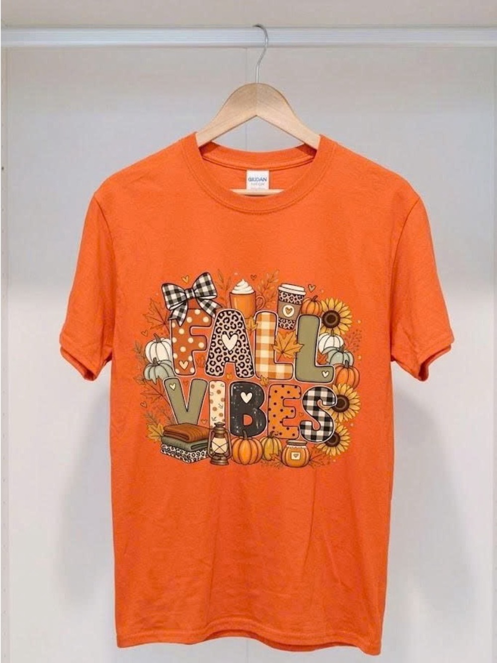 Fall Vibes Graphic Tee Pumpkin Coffee Leopard Plaid Orange Autumn Shirt - Picture 2 of 6